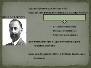 Adolphe Ferrière
O grande apóstolo da Educação Nova;
Funda em 1899 Burreu International des Écoles Nouveles
- Estabelecer relações;
- Divulgar experiências;
- Construir um arquivo…
1921 o Burreau integra a Ligue International pour l’
Education Nouvelle;
Funda com Claparède e Bovet o Instituto Jean Jacques
Rousseau;
 