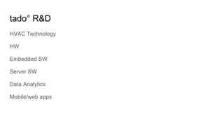 tado° R&D
HVAC Technology
HW
Embedded SW
Server SW
Data Analytics
Mobile/web apps
 