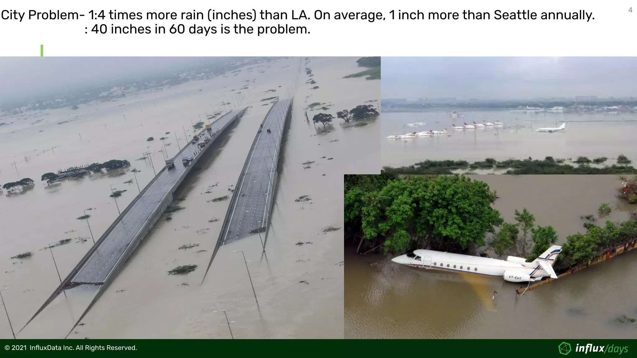 4
© 2021  InﬂuxData Inc. All Rights Reserved.
© 2021  InﬂuxData Inc. All Rights Reserved.
City Problem- 1:4 times more rain (inches) than LA. On average, 1 inch more than Seattle annually.
: 40 inches in 60 days is the problem.
 