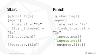 © 2020 InfluxData. All rights reserved.47
Start
[global_tags]
[agent]
interval = "2s"
flush_interval =
"2s"
[[inputs.mem]]
[[outputs.file]]
Finish
[global_tags]
[agent]
interval = "2s"
flush_interval =
"2s"
[[inputs.mem]]
[[inputs.net]]
[[outputs.file]]
 