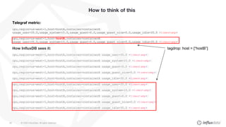 © 2020 InfluxData. All rights reserved.59
How to think of this
Telegraf metric:
cpu,region=us-west-1,host=hostA,container=containerA
usage_user=35.0,usage_system=15.0,usage_guest=0.0,usage_guest_nice=0.0,usage_idle=35.0 <timestamp>
cpu,region=us-west-1,host=hostB,container=containerB
usage_user=35.0,usage_system=15.0,usage_guest=0.0,usage_guest_nice=0.0,usage_idle=35.0 <timestamp>
How InfluxDB sees it:
cpu,region=us-west-1,host=hostA,container=containerA usage_user=35.0 <timestamp>
cpu,region=us-west-1,host=hostA,container=containerA usage_system=15.0 <timestamp>
cpu,region=us-west-1,host=hostA,container=containerA usage_guest=0.0 <timestamp>
cpu,region=us-west-1,host=hostA,container=containerA usage_guest_nice=0.0 <timestamp>
cpu,region=us-west-1,host=hostA,container=containerA usage_idle=35.0 <timestamp>
cpu,region=us-west-1,host=hostB,container=containerB usage_user=35.0 <timestamp>
cpu,region=us-west-1,host=hostB,container=containerB usage_system=15.0 <timestamp>
cpu,region=us-west-1,host=hostB,container=containerB usage_guest=0.0 <timestamp>
cpu,region=us-west-1,host=hostB,container=containerB usage_guest_nice=0.0 <timestamp>
cpu,region=us-west-1,host=hostB,container=containerB usage_idle=35.0 <timestamp>
tagdrop: host = [“hostB”]
 