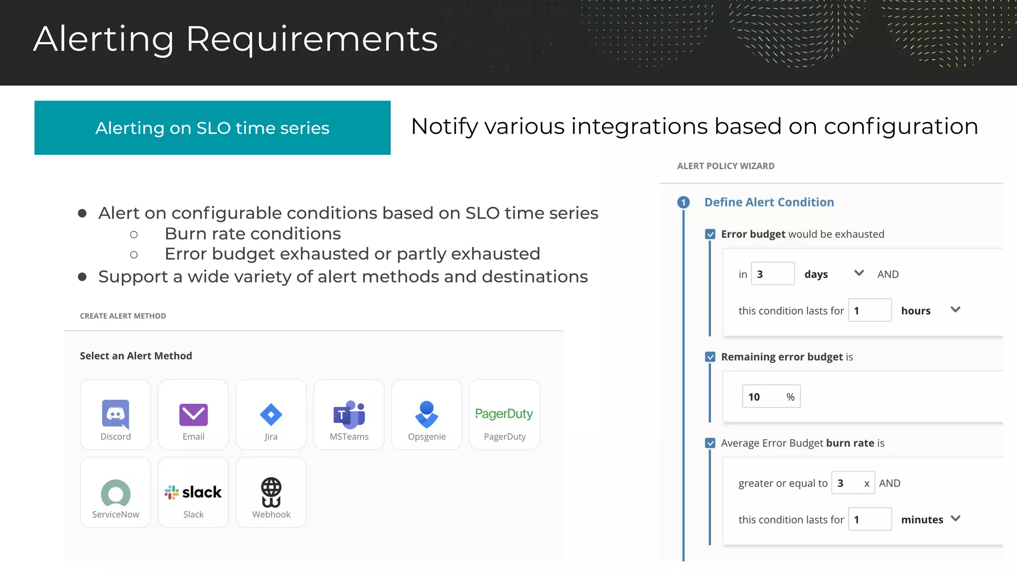 Alerting on SLO time series
Alerting Requirements
Notify various integrations based on conﬁguration
● Alert on conﬁgurable conditions based on SLO time series
○ Burn rate conditions
○ Error budget exhausted or partly exhausted
● Support a wide variety of alert methods and destinations
 