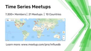 Time Series Meetups
7,300+ Members | 21 Meetups | 10 Countries
Learn more: www.meetup.com/pro/influxdb
 