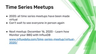 Time Series Meetups
● 2020: all time series meetups have been made
virtual
● Can’t wait to see everyone in person again
● ...