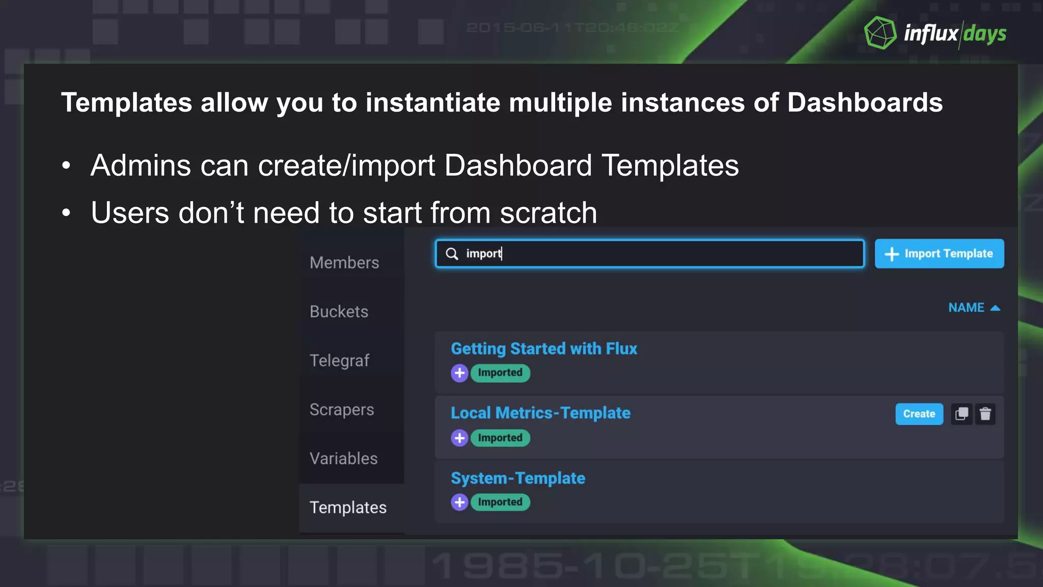 Templates allow you to instantiate multiple instances of Dashboards
• Admins can create/import Dashboard Templates
• Users don’t need to start from scratch
 