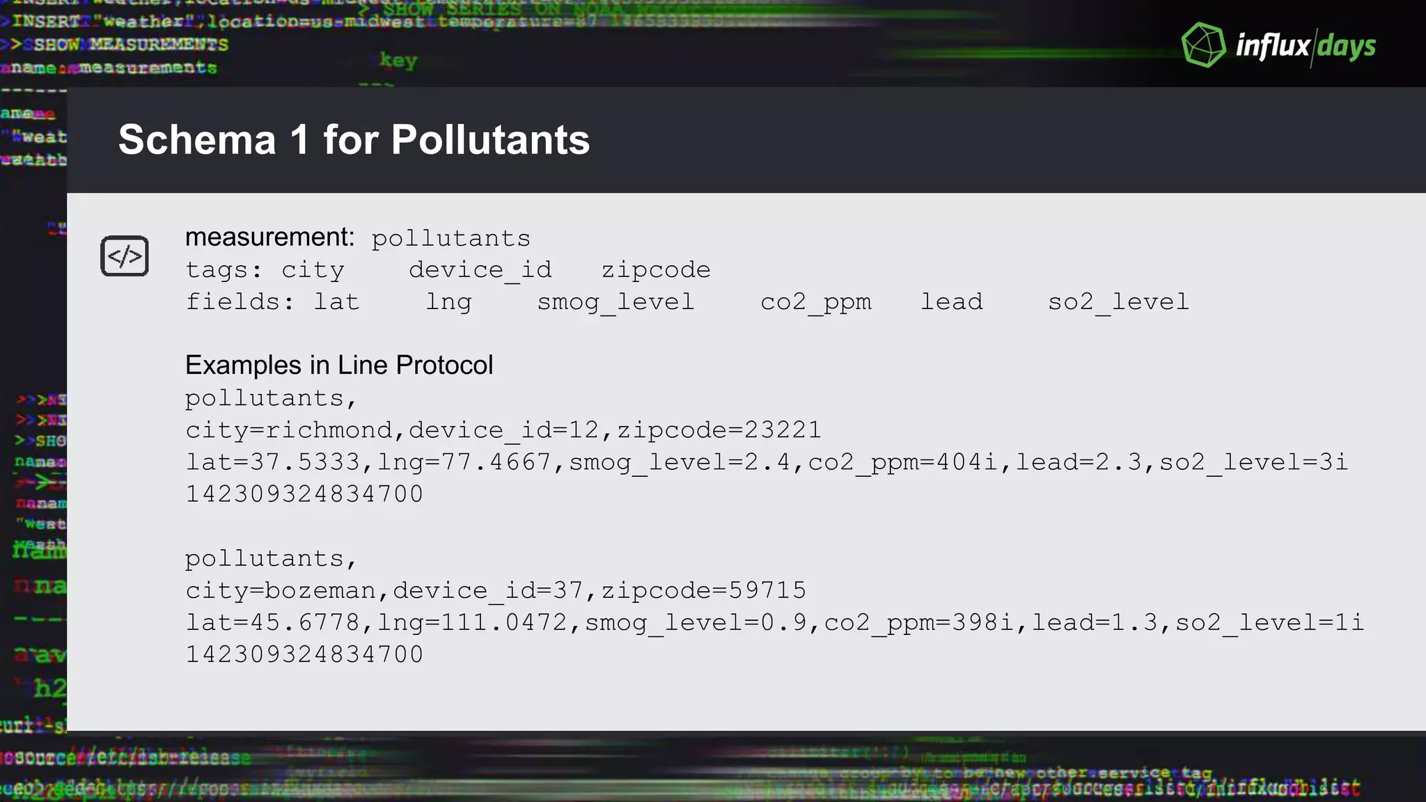Schema 1 for Pollutants
measurement: pollutants
tags: city device_id zipcode
fields: lat lng smog_level co2_ppm lead so2_level
Examples in Line Protocol
pollutants,
city=richmond,device_id=12,zipcode=23221
lat=37.5333,lng=77.4667,smog_level=2.4,co2_ppm=404i,lead=2.3,so2_level=3i
142309324834700
pollutants,
city=bozeman,device_id=37,zipcode=59715
lat=45.6778,lng=111.0472,smog_level=0.9,co2_ppm=398i,lead=1.3,so2_level=1i
142309324834700
 
