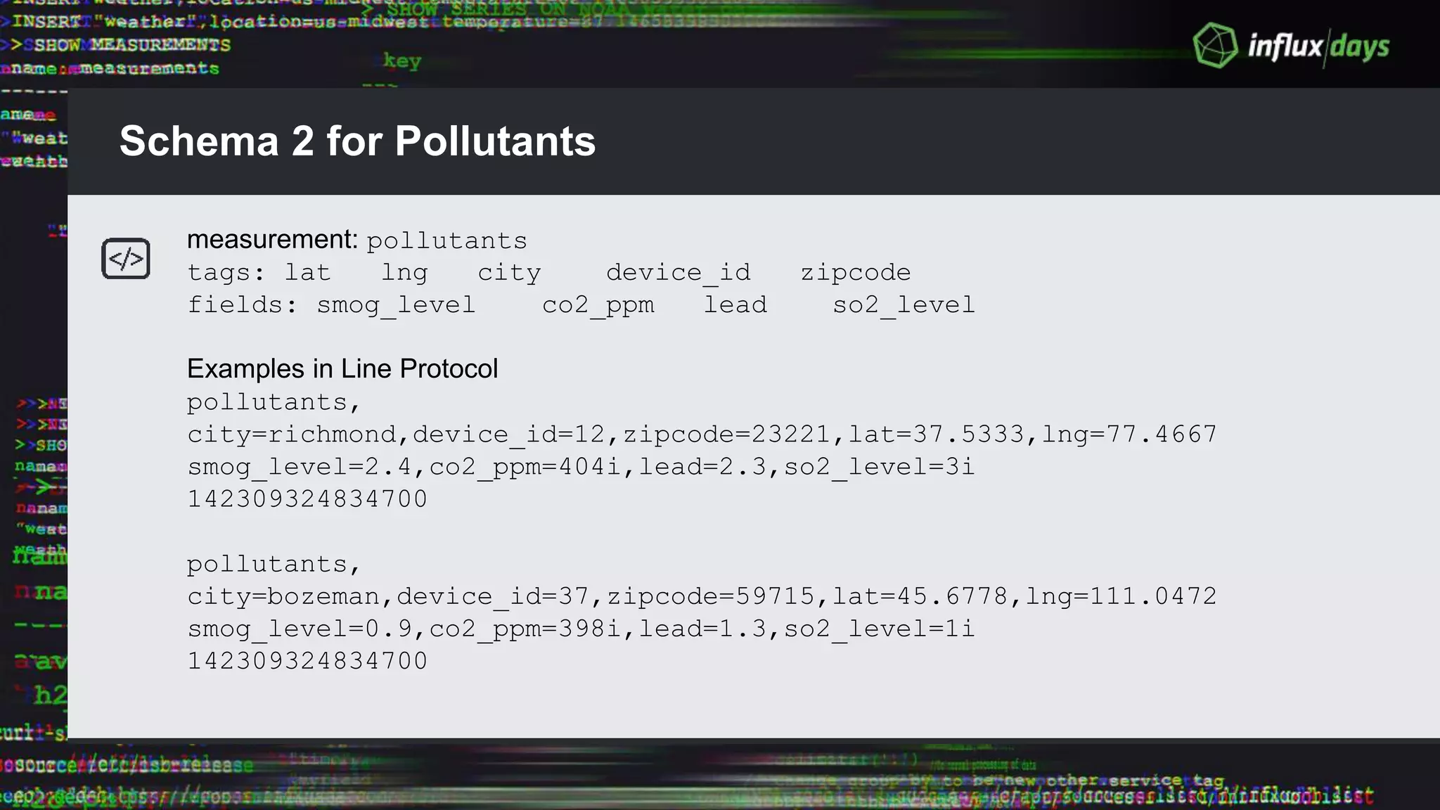 Schema 2 for Pollutants
measurement: pollutants
tags: lat lng city device_id zipcode
fields: smog_level co2_ppm lead so2_level
Examples in Line Protocol
pollutants,
city=richmond,device_id=12,zipcode=23221,lat=37.5333,lng=77.4667
smog_level=2.4,co2_ppm=404i,lead=2.3,so2_level=3i
142309324834700
pollutants,
city=bozeman,device_id=37,zipcode=59715,lat=45.6778,lng=111.0472
smog_level=0.9,co2_ppm=398i,lead=1.3,so2_level=1i
142309324834700
 