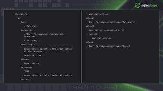© 2018 InfluxData. All rights reserved.
/telegrafs:
get:
tags:
- Telegrafs
parameters:
- $ref: '#/components/parameters/
TraceSpan'
- in: query
name: orgID
description: specifies the organization
of the resource
required: true
schema:
type: string
responses:
'200':
description: a list of telegraf configs
content:
application/json:
schema:
$ref: "#/components/schemas/Telegrafs"
default:
description: unexpected error
content:
application/json:
schema:
$ref: “#/components/schemas/Error"
 