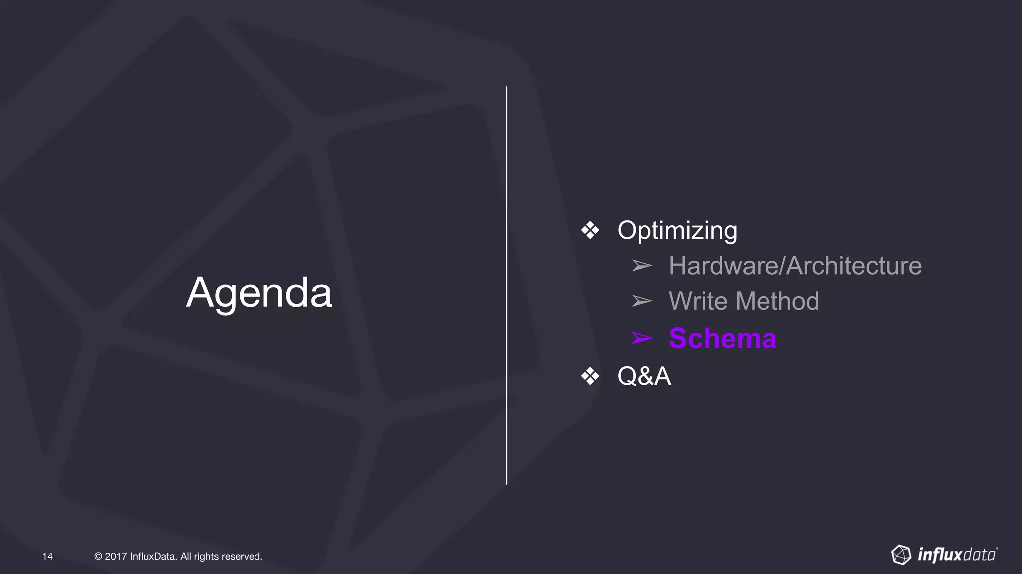 © 2017 InfluxData. All rights reserved.14 © 2017 InfluxData. All rights reserved.14
❖ Optimizing
➢ Hardware/Architecture
➢ Write Method
➢ Schema
❖ Q&A
Agenda
 