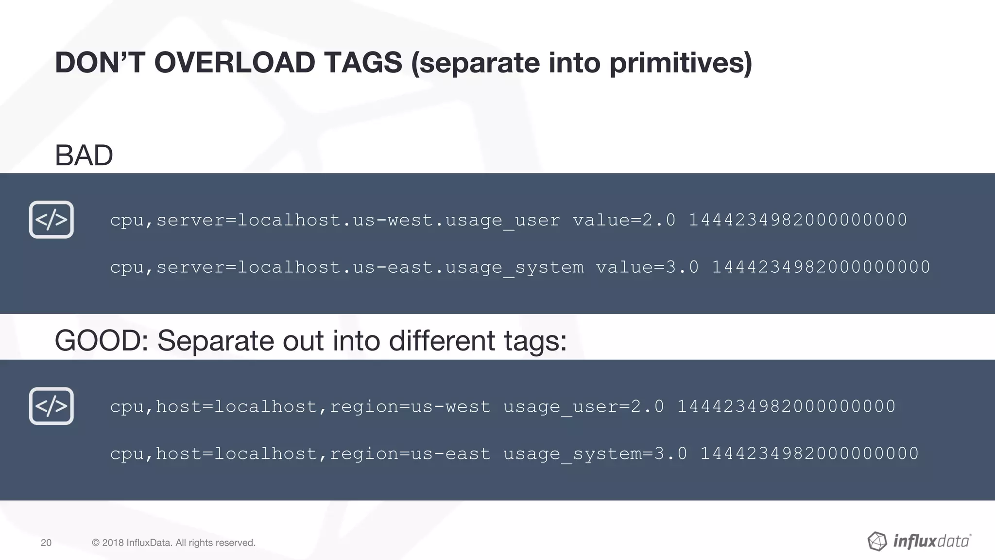 © 2018 InfluxData. All rights reserved.20
DON’T OVERLOAD TAGS (separate into primitives)
BAD
GOOD: Separate out into different tags:
xxx
cpu,server=localhost.us-west.usage_user value=2.0 1444234982000000000
cpu,server=localhost.us-east.usage_system value=3.0 1444234982000000000
cpu,host=localhost,region=us-west usage_user=2.0 1444234982000000000
cpu,host=localhost,region=us-east usage_system=3.0 1444234982000000000
 