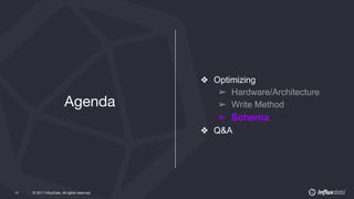 © 2017 InfluxData. All rights reserved.14 © 2017 InfluxData. All rights reserved.14
❖ Optimizing
➢ Hardware/Architecture
➢ Write Method
➢ Schema
❖ Q&A
Agenda
 
