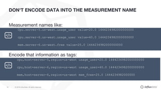 © 2018 InfluxData. All rights reserved.19
DON'T ENCODE DATA INTO THE MEASUREMENT NAME
Measurement names like:
Encode that information as tags:
Cpu.server-5.us-west.usage_user value=20.0 1444234982000000000
cpu.server-6.us-west.usage_user value=40.0 1444234982000000000
mem.server-6.us-west.free value=25.0 1444234982000000000
cpu,host=server-5,region=us-west usage_user=20.0 1444234982000000000
cpu,host=server-6,region=us-west usage_user=40.0 1444234982000000000
mem,host=server-6,region=us-west mem_free=25.0 1444234982000000
 