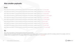 © 2018 InfluxData. All rights reserved.26
Also smaller payloads:
From:
cpu,region=us-west-1,host=hostA,container=containerA usage_user=35.0 <timestamp>
cpu,region=us-west-1,host=hostA,container=containerA usage_system=15.0 <timestamp>
cpu,region=us-west-1,host=hostA,container=containerA usage_guest=0.0 <timestamp>
cpu,region=us-west-1,host=hostA,container=containerA usage_guest_nice=0.0 <timestamp>
cpu,region=us-west-1,host=hostA,container=containerA usage_idle=35.0 <timestamp>
cpu,region=us-west-1,host=hostA,container=containerA usage_iowait=0.2 <timestamp>
cpu,region=us-west-1,host=hostA,container=containerA usage_irq=0.0 <timestamp>
cpu,region=us-west-1,host=hostA,container=containerA usage_nice=1.0 <timestamp>
cpu,region=us-west-1,host=hostA,container=containerA usage_steal=2.0 <timestamp>
cpu,region=us-west-1,host=hostA,container=containerA usage_softirq=2.5 <timestamp>
To:
cpu,region=us-west-1,host=hostA,container=containerA
usage_user=35.0,usage_system=15.0,usage_guest=0.0,usage_guest_nice=0.0,usage_idle=35.0,usage_iowait=0.2,usage_irq=0.0,
usage_irq=0.0,usage_nice=1.0,usage_steal=2.0,usage_softirq=2.5 <timestamp>
 