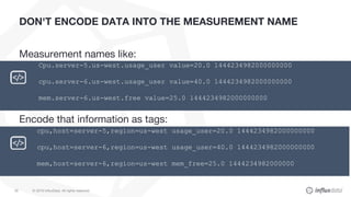 © 2018 InfluxData. All rights reserved.20
DON'T ENCODE DATA INTO THE MEASUREMENT NAME
Measurement names like:
Encode that ...