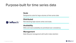 | © Copyright 2023, InﬂuxData
Purpose-built for time series data
Scale
Designed to scale for large volumes of time series data
Distributed
Non-blocking high-volume writes and reads
Availability
Write and read availability are prioritized over consistency
Management
Data lifecycle management with built-in data retention
 