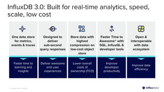 | © Copyright 2023, InﬂuxData
InﬂuxDB 3.0: Built for real-time analytics, speed,
scale, low cost
Designed to
deliver
sub-second
query responses
Deliver awesome
end user
experiences
One data store
for metrics,
events & traces
Faster time to
learning and
insights
Store data with
highest
compression on
low-cost object
store
Lower overall
costs of
ownership (TCO)
Faster Time to
Awesome® with
SQL, InﬂuxQL &
developer tools
Improve
developer
productivity
Open &
interoperable
with data
ecosystem
Improve data
eﬃciency
 