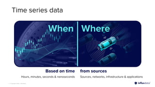 | © Copyright 2023, InﬂuxData
Time series data
When Where
from sources
Sources, networks, infrastructure & applications
Based on time
Hours, minutes, seconds & nanoseconds
 