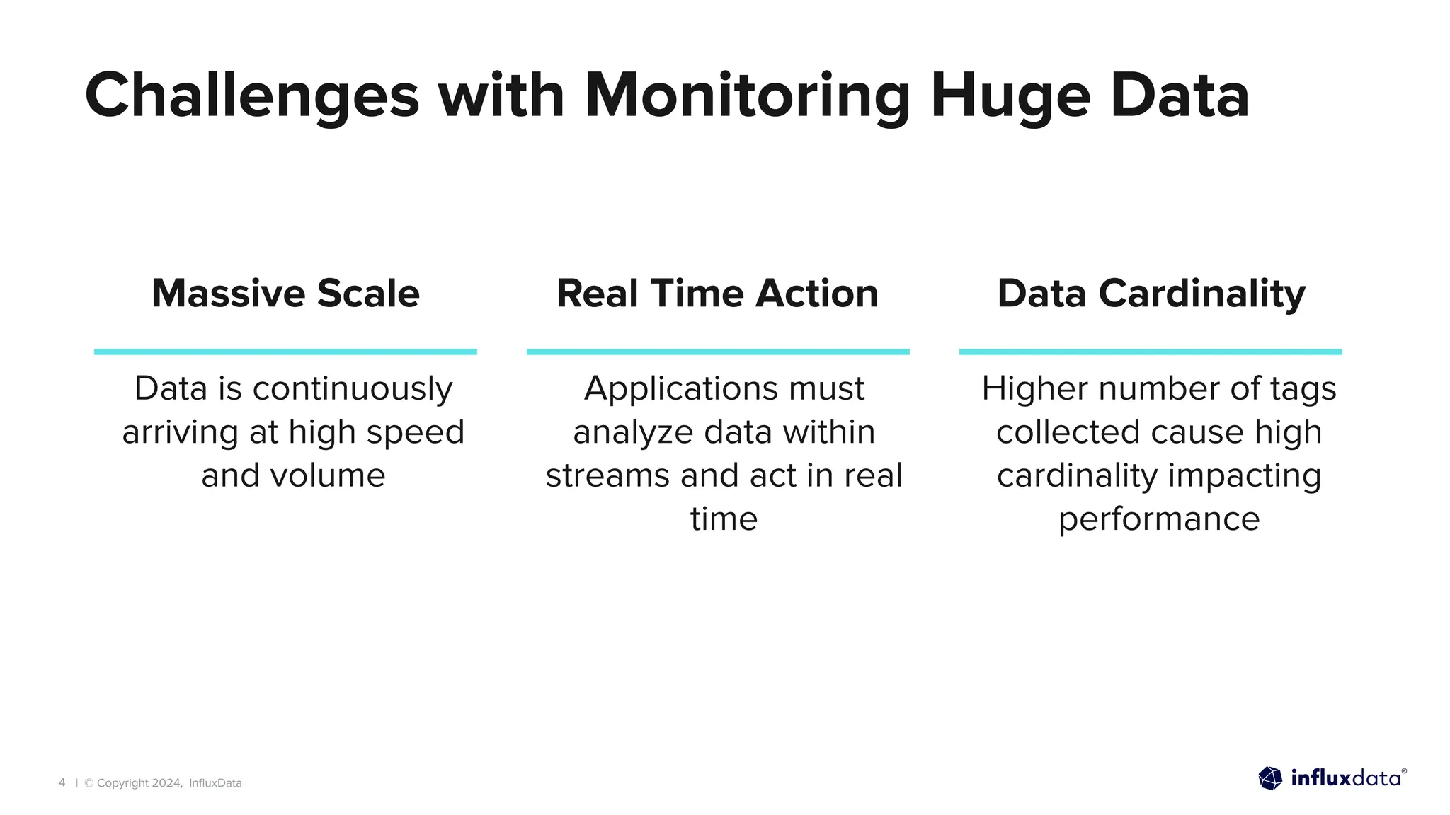 | © Copyright 2024, InﬂuxData
4
Challenges with Monitoring Huge Data
Data is continuously
arriving at high speed
and volume
Applications must
analyze data within
streams and act in real
time
Higher number of tags
collected cause high
cardinality impacting
performance
Massive Scale Real Time Action Data Cardinality
 