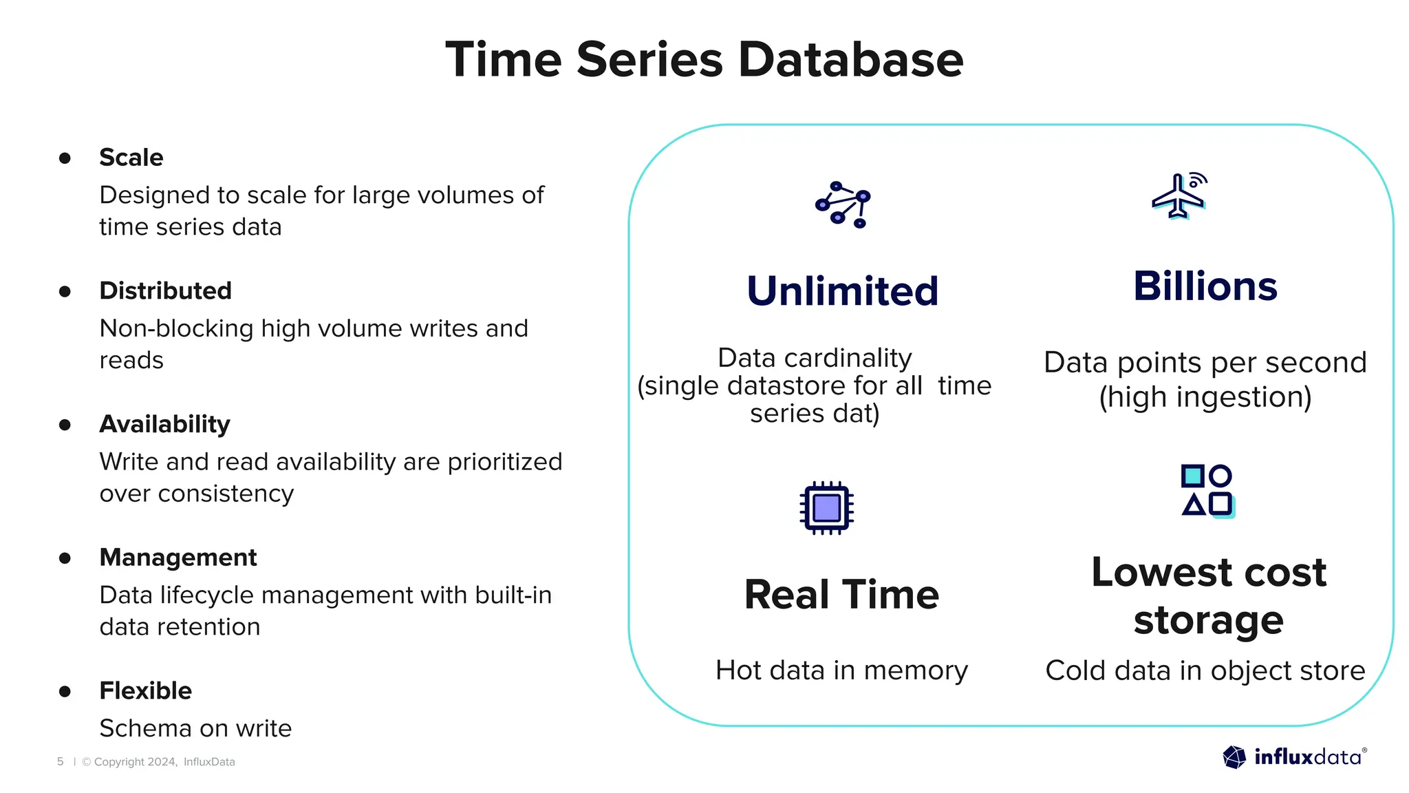 | © Copyright 2024, InﬂuxData
5
Time Series Database
● Scale
Designed to scale for large volumes of
time series data
● Distributed
Non-blocking high volume writes and
reads
● Availability
Write and read availability are prioritized
over consistency
● Management
Data lifecycle management with built-in
data retention
● Flexible
Schema on write
Unlimited
Data points per second
(high ingestion)
Billions
Data cardinality
(single datastore for all time
series dat)
Hot data in memory
Real Time
Lowest cost
storage
Cold data in object store
 