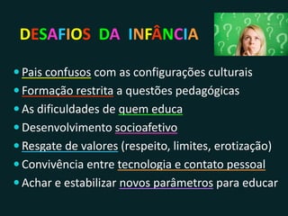 DESAFIOS DA INFÂNCIA
 Pais confusos com as configurações culturais
 Formação restrita a questões pedagógicas
 As dificuldades de quem educa
 Desenvolvimento socioafetivo
 Resgate de valores (respeito, limites, erotização)
 Convivência entre tecnologia e contato pessoal
 Achar e estabilizar novos parâmetros para educar
 