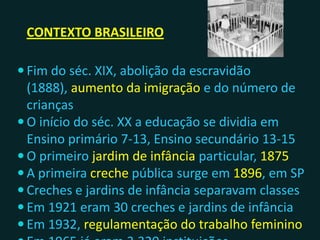 CONTEXTO BRASILEIRO
 Fim do séc. XIX: abolição da escravidão (1888),
aumento da imigração e do número de crianças
 No início do séc. XX a educação se dividia em
Ensino primário 7-13 e Ensino secundário 13-15
 O primeiro jardim de infância particular (1875)
 A primeira creche pública surge em 1896, em SP
 Creches e jardins de infância separavam classes
 Em 1921 eram 30 creches e jardins de infância
 Em 1932: regulamentação do trabalho feminino
 Em 1965 já eram 3.320 instituições
 