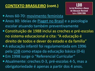 CONTEXTO BRASILEIRO (cont.)
 Anos 60-70: movimento feminista
 Anos 80: Ideias de Piaget no Brasil e a psicologia
escolar atuando também preventivamente
 Constituição de 1988 inclui as creches e pré-escolas
no sistema educacional e cita: “A educação é direito
de todos e dever do estado e da família”
 A educação infantil foi regulamentada em 1996 pela
LDB como etapa da educação básica (0-6 anos)
 Em 1998 surge o “Referencial Curricular”
 Atualmente: creches (0-3), pré-escolas (4-5), mas a
obrigatoriedade é apenas a partir dos 4 anos.
 