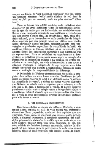 248 0 Desenvolvimento do E go
sempre na forma de “mil pequenos desgostos” que não valem
nm pequeno remorso: “miííe petits ãégôuts de soi, dont le
total ne fait pas un remords, mais un gene dbscure” (Kos-
tand).
Para se tornar um adulto maduro, cada indivíduo deve
desenvolver em grau suficiente todos os mencionados atribu­
tos do ego, de modo que um índio sábio, um verdadeiro cava­
lheiro e um camponês experiente compartilhem e reconheçam
uns nos outros a etapa final da integridade. Mas, cada enti­
dade cultural, para desenvolver o estilo particular de integri­
dade sugerido por sua posição histórica, utiliza uma combi­
nação particular dêsses conflitos, simultaneamente com pro­
vocações e proibições específicas da sexualidade infantil. Os
conflitos infantis se tornam criativos só se estimulados pelo
amparo firme das instituições culturais e das lideranças que
as representam. Para se avizinhar ou experimentar a inte­
gridade, o indivíduo precisa saber como seguir o exemplo dos
portadores de imagem na religião e na política, na ordem eco­
nômica e na tecnologia, na vida aristrocrática e nas artes e
ciências. Portanto, a integridade do ego implica uma inte­
gração emocional que permite a participação consentida assim
como a aceitação da responsabilidade da liderança.
O Dicionário de Webster generosamente nos ajuda a com­
pletar este esboço em uma forma circular. Confiança (o pri­
meiro de nossos valores do ego) é aí definida como fa certeza
da' integridade de outro”, o último de nossos valores. Suponho
que Webster se referia mais a negócios que a crianças, a cré­
dito que a fé. Mas, a formulação é válida. E parece possível
parafrasear ainda maás a relação entre a integridade adulta e
a confiança infantil dizendo que as crianças sadias não teme­
rão a vida se seus antepassados tiveram integridade bastante
para não temer a morte.
9. UM DIAGRAMA EPIGENÉTICO
Êste livro enfatiza as etapas da infância. Contudo, a eon-
cepção acima exposta de ciclo de vida requer um tratamento
sistemático. Para prepará-lo, concluirei êstc capítulo com um
diagrama. Neste, como no diagrama das zonas e modos pré-ge­
nitais, a diagonal representa a sequência normativa das aqui­
sições psicossociais efetuadas à medida que em cada etapa um
novo conflito nuclear soma uma nova qualidade do ego, um
nôvo critério de fortaleza humana acumulada. Abaixo da dia­
gonal, há um espaço para os precursores de cada uma dessas
soluções, tôdas as quais começam pelo começo; acima da diago-
 