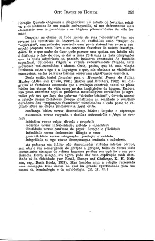 Oito Idades do Homem 253
rioração. Quando chegamos a diagnosticar um estado de fortaleza relati­
va e os sintomas de um estado enfraquecido, só nos defrontamos mais
claramente com os paradoxos e as trágicas potencialidades da vida hu­
mana.
Despojar as etapas de tudo menos de suas “conquistas” tem seu
reverso nas tentativas de descrevê-las ou analisá-las como “traços” ou
“aspirações”, sem primeiro construir uma ponte sistemática entre a con­
cepção proposta neste livro e os conceitos favoritos de outros investiga­
dores. Se o que acabo de dizer pode parecer uma queixa, seu intuito não
é disfarçar o fato de que, ao dar a essas fortalezas as reais designações
com as quais adquiriram no passado inúmeras conotações de bondade
superficial, delicadeza frígida e virtude excessivamente forçada, terei
provocado mal-entendidos e abusos. Creio, porém, que há uma relação
intrínseca entre o ego e a linguagem e que, não obstante as vicissitudes
passageiras, certas palavras básicas conservam significados essenciais.
Desde então, tentei formular para o Eumanist Frame de Julian
Huxley (Allen and Tfnwin, 1961; Harper and Brothers, 1962) um dia­
grama de fortalezas essenciais que a evolução construiu tanto no plano
básico das etapas da vida como no das instituições do homem. Embora
não possa examinar aqui os problemas metodológicos envolvidos (e agra­
vados pelo uso que faço das palavras “virtudes básicas” ), deveria anexar
a relação dessas fortalezas, porque constituem na realidade o resultado
duradouro das “proporções favoráveis” mencionadas a cada passo no ca­
pítulo sôbre as etapas psicossociais. Aqui estão:
confiança básica versus desconfiança básica: impulso e esperança
autonomia versas vergonha e dúvida: autocontrole e fôrça de von­
tade
iniciativa versas culpa: direção e propósito
indústria versas inferioridade: método e capacidade
identidade versas confusão de papel: devoção e fidelidade
intimidade versus isolamento: filiação e amor
generatividade versus estagnação: produção e cuidado
integridade do ego versas desesperança: renúncia e sabedoria.
As palavras em itálico são denominadas virtudes básicas porque,
sem elas e sua reemergêneia de geração a geração, todos os outros mais
inconstantes sistemas de valores humanos perdem seu espírito e sua per­
tinência. Desta relação, até agora pude dar uma explicação mais deta­
lhada só da fidelidade (ver Youth, Change anã Challenge, E . H . Erik­
son, org., Basic Books, 1963). Mas também aqui a relação representa
uma concepção total dentro da qual há grande oportunidade para um
exame da terminologia e da metodologia. (E. H. E .)
 