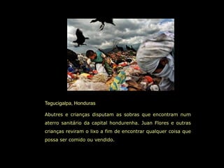 Tegucigalpa, Honduras

Abutres e crianças disputam as sobras que encontram num
aterro sanitário da capital hondurenha. Juan Flores e outras
crianças reviram o lixo a fim de encontrar qualquer coisa que
possa ser comido ou vendido.
 