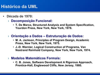Histórico da UML Década de 1970: Decomposição Funcional: T. De Marco, Structured Analysis and System Specification, Yourdon Press, New York, New York, 1978. Orientação a Dados – Estruturação de Dados: M. A. Jackson, Principles of Program Design, Academic Press, New York, New York, 1975. J.-D. Warnier, Logical Construction of Programs, Van Nostrand Reinhold Company, New York, New York, 1974. Modelos Matemáticos Formais: C. B. Jones, Software Development A Rigorous Approach, Prentice-Hall, Englewood Cliffs, New Jersey, 1980. 