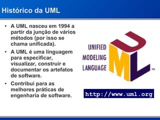 Histórico da UML A UML nasceu em 1994 a partir da junção de vários métodos (por isso se chama unificada). A UML é uma linguagem para especificar, visualizar, construir e documentar os artefatos de software. Contribui para as melhores práticas de engenharia de software. http://www.uml.org 