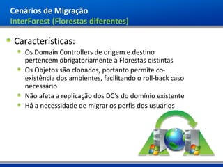 Cenários de Migração
InterForest (Florestas diferentes)

 Características:
    Os Domain Controllers de origem e destino
    pertencem obrigatoriamente a Florestas distintas
    Os Objetos são clonados, portanto permite co-
    existência dos ambientes, facilitando o roll-back caso
    necessário
    Não afeta a replicação dos DC’s do domínio existente
    Há a necessidade de migrar os perfis dos usuários
 