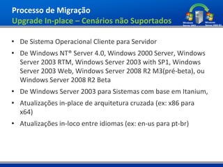 Processo de Migração
Upgrade In-place – Cenários não Suportados

• De Sistema Operacional Cliente para Servidor
• De Windows NT® Server 4.0, Windows 2000 Server, Windows
  Server 2003 RTM, Windows Server 2003 with SP1, Windows
  Server 2003 Web, Windows Server 2008 R2 M3(pré-beta), ou
  Windows Server 2008 R2 Beta
• De Windows Server 2003 para Sistemas com base em Itanium,
• Atualizações in-place de arquitetura cruzada (ex: x86 para
  x64)
• Atualizações in-loco entre idiomas (ex: en-us para pt-br)
 