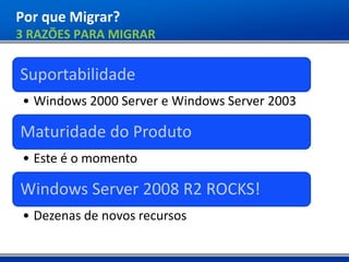 Por que Migrar?
3 RAZÕES PARA MIGRAR


Suportabilidade
• Windows 2000 Server e Windows Server 2003

Maturidade do Produto
• Este é o momento

Windows Server 2008 R2 ROCKS!
• Dezenas de novos recursos
 