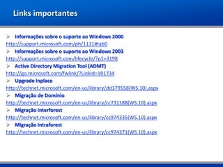 Links importantes

 Informações sobre o suporte ao Windows 2000
http://support.microsoft.com/ph/1131#tab0
 Informações sobre o suporte ao Windows 2003
http://support.microsoft.com/lifecycle/?p1=3198
 Active Directory Migration Tool (ADMT)
http://go.microsoft.com/fwlink/?LinkId=191734
 Upgrade Inplace
http://technet.microsoft.com/en-us/library/dd379558(WS.10).aspx
 Migração de Domínio
http://technet.microsoft.com/en-us/library/cc731188(WS.10).aspx
 Migração Interforest
http://technet.microsoft.com/en-us/library/cc974335(WS.10).aspx
 Migração Intraforest
http://technet.microsoft.com/en-us/library/cc974371(WS.10).aspx
 