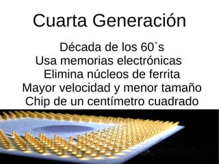 Cuarta Generación Década de los 60`s  Usa memorias electrónicas  Elimina núcleos de ferrita Mayor velocidad y menor tamaño Chip de un centímetro cuadrado . 