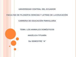 UNIVERSIDAD CENTRAL DEL ECUADOR


FACULTAD DE FILOSOFIA CIENCIAS Y LETRAS DE LA EDUCACIÓN


          CARRERA DE EDUCACIÓN PARVULARIA



            TEMA: LOS ANIMALES DOMÉSTICOS


                   ANGÉLICA TITUAÑA


                   5to SEMESTRE “A”
 