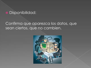    Disponibilidad:

Confirma que aparezca los datos, que
sean ciertos, que no cambien.
 