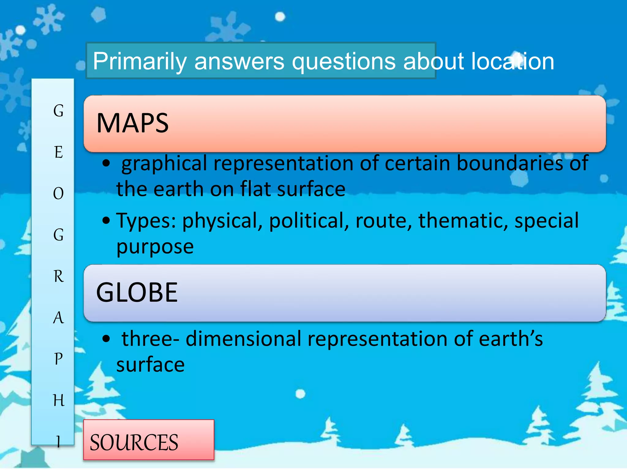 G
E
O
G
R
A
P
H
I SOURCES
Primarily answers questions about location
MAPS
• graphical representation of certain boundaries of
the earth on flat surface
• Types: physical, political, route, thematic, special
purpose
GLOBE
• three- dimensional representation of earth’s
surface
 