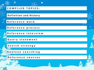 C O M P I L E D T O P I C S :
Def in ition an d Histor y
R e f e r e n c e w o r k
R e f e r e n c e p r o c e s s
R e f e r e n c e i n t e r v i e w
Q u e r y s t a t e m e n t
S e a r c h s t r a t e g y
B o o l e a n s e a r c h i n g
R e f e r e n c e s o u r c e s
 