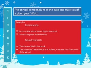 Y
E
A
R
B
O
O
K
S
“An annual compendium of the data and statistics of
a given year” (Katz)
Examples:
General works
 Facts on File World News Digest Yearbook
 Annual Register: World Events
Subject yearbooks
 The Europa World Yearbook
 The Stateman’s Yearbook’s: the Politics, Cultures and Economies
of the World
 