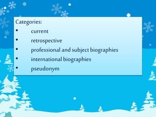Categories:
• current
• retrospective
• professional andsubjectbiographies
• internationalbiographies
• pseudonym
 