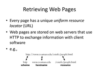 Retrieving Web Pages
• Every page has a unique uniform resource
locator (URL)
• Web pages are stored on web servers that use
HTTP to exchange information with client
software
• e.g.,
 