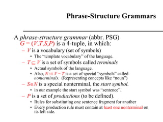 Phrase-Structure Grammars
A phrase-structure grammar (abbr. PSG)
G = (V,T,S,P) is a 4-tuple, in which:
– V is a vocabulary (set of symbols)
• The “template vocabulary” of the language.
– T  V is a set of symbols called terminals
• Actual symbols of the language.
• Also, N :≡ V − T is a set of special “symbols” called
nonterminals. (Representing concepts like “noun”)
– SN is a special nonterminal, the start symbol.
• in our example the start symbol was “sentence”.
– P is a set of productions (to be defined).
• Rules for substituting one sentence fragment for another
• Every production rule must contain at least one nonterminal on
its left side.
 
