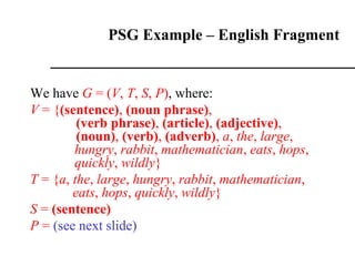 PSG Example – English Fragment
We have G = (V, T, S, P), where:
V = {(sentence), (noun phrase),
(verb phrase), (article), (adjective),
(noun), (verb), (adverb), a, the, large,
hungry, rabbit, mathematician, eats, hops,
quickly, wildly}
T = {a, the, large, hungry, rabbit, mathematician,
eats, hops, quickly, wildly}
S = (sentence)
P = (see next slide)
 