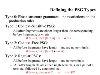 Defining the PSG Types
Type 0: Phase-structure grammars – no restrictions on the
production rules
Type 1: Context-Sensitive PSG:
– All after fragments are either longer than the corresponding
before fragments, or empty:
if b → a, then |b| < |a|  a = λ .
Type 2: Context-Free PSG:
– All before fragments have length 1 and are nonterminals:
if b → a, then |b| = 1 (b  N).
Type 3: Regular PSGs:
– All before fragments have length 1 and nonterminals
– All after fragments are either single terminals, or a pair of a
terminal followed by a nonterminal.
if b → a, then a  T  a  TN.
 