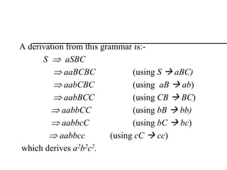 A derivation from this grammar is:-
S  aSBC
 aaBCBC (using S  aBC)
 aabCBC (using aB  ab)
 aabBCC (using CB  BC)
 aabbCC (using bB  bb)
 aabbcC (using bC  bc)
 aabbcc (using cC  cc)
which derives a2b2c2.
 