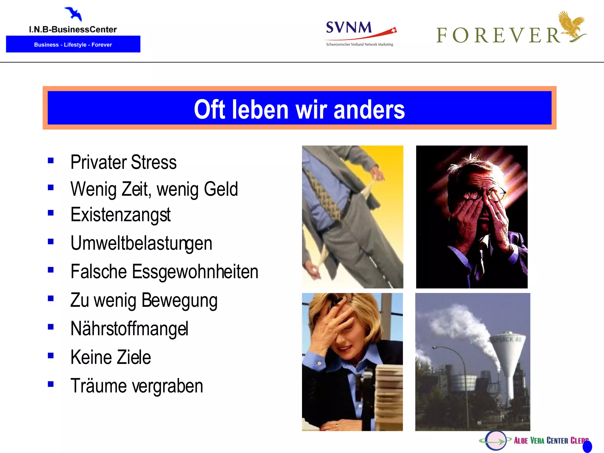 Oft leben wir anders Privater Stress Wenig Zeit, wenig Geld Existenzangst Umweltbelastungen Falsche Essgewohnheiten Zu wenig Bewegung Nährstoffmangel Keine Ziele Träume vergraben 