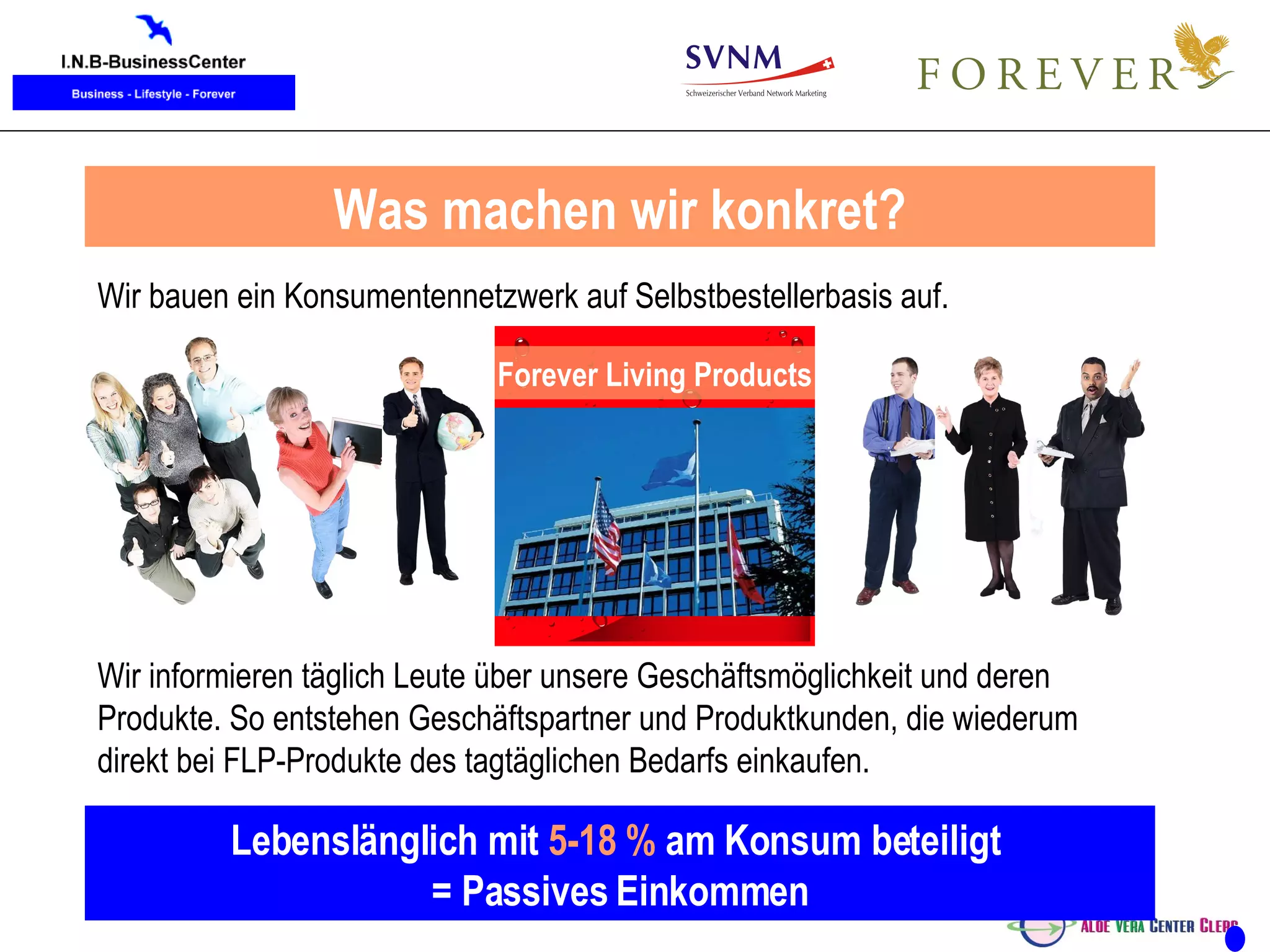 Kunde Was machen wir konkret? Wir bauen ein Konsumentennetzwerk auf Selbstbestellerbasis auf.  Forever Living Products Wir informieren täglich Leute über unsere Geschäftsmöglichkeit und deren Produkte. So entstehen Geschäftspartner und Produktkunden, die wiederum direkt bei FLP-Produkte des tagtäglichen Bedarfs einkaufen.  Lebenslänglich mit  5-18 %  am Konsum beteiligt  = Passives Einkommen 