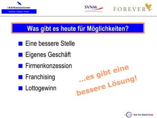 Was gibt es heute für Möglichkeiten?    Eine bessere Stelle    Eigenes Geschäft    Lottogewinn    Firmenkonzession    Franchising ...es gibt eine bessere Lösung! 
